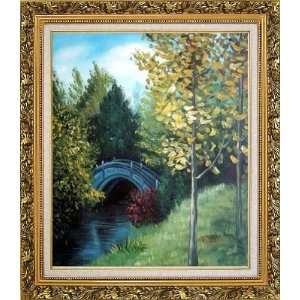  River Bridge under Aspen Trees Oil Painting, with Ornate 