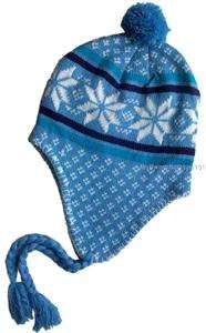   Fashion Peruvian Ear flap Ski Hat Lined Beanie Cap Snow flakes Blue