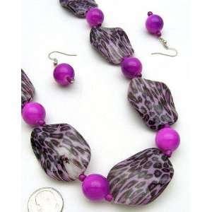   Purple Leopard Print Beaded Necklace and Earrings Set 
