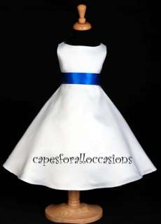 FLOWER GIRL DRESS WHITE/ROYAL BLUE 12M 2 4 6 8 10 12 14  