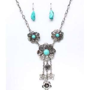  Flower Charms Stabilized Turquoise Earrings & Necklace Set 