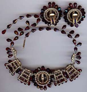 VINTAGE BEAUTY HAND WIRED RED GLASS RHINESTONE NECKLACE & EARRINGS SET 