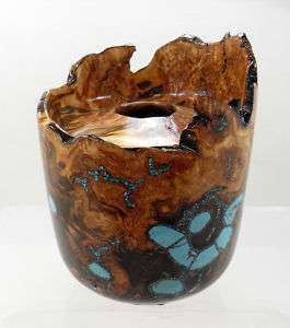 Aspen Wood Burl Vase/Bowl Inlaid Turquoise Handcrafted  