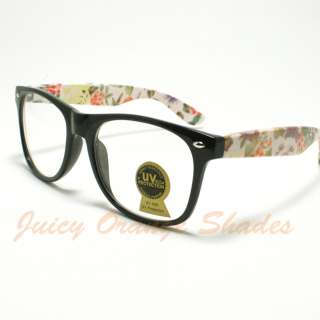 COLORFUL FLORAL Design CLEAR Lens 80s Retro Fashion Eyeglasses BLACK 