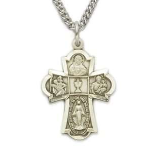 Sterling Silver Engraved Boys Four Way w/Communion Chalice Medal 