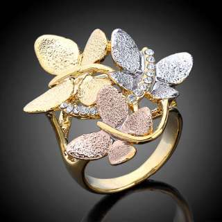   Gold Plated 3 tone Ring,Swarovski Crystal 3 Butterfly Size 6 8  