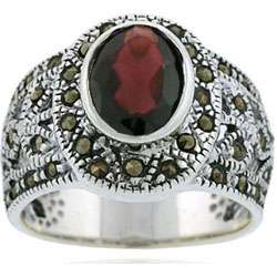   Sterling Silver Marcasite and Genuine Garnet Ring  