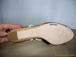 NEW Tory Burch Sandals 8.5M Black Patent White Stitching Wedge Rope 