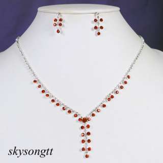   Ruby Red Rhinestone Crystal Bridal Pendant Necklace Earrings Set P037R