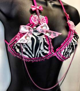 NEW LV Hello Kitty Rhinestone Bra Bikini Top Gogo Dancer Lace Chains 