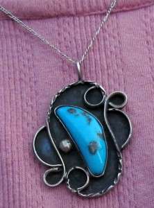 OLD VINTAGE NAVAJO INDIAN STERLING SILVER TURQUOISE PENDANT  