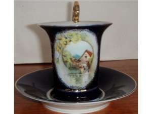 Antique Porcelain Scenic Cobalt Blue Cocoa Cup Saucer A  