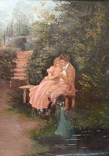 19TH C VICTORIAN PAINTING COURTING LOVERS IN A FOREST  