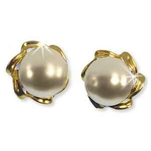  24k Gold GF Swirl Cream Freshwater Pearl Stud Earrings 