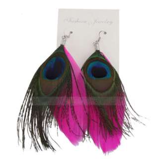   Two Layers Fushia Green Peacock Feather Dangle Silver Plated Earrings