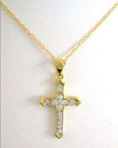 14k Solid Gold Diamond Cross Necklace .23ct Charm  