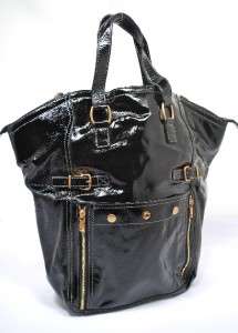 YVES SAINT LAURENT Black Patent Leather Tote Gold Hardware Italy Like 