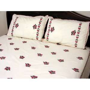  Hand Embroidered Flat Bed Sheet with Pink Red Strawberry 