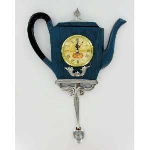 Blue Teapot Kitchen Wall Clock Spoon Pendulum 