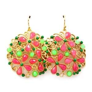  Lovely Spring Green and Pink Gold Tone Earrings Jewelry