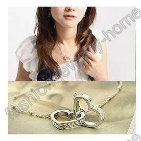 Hot Silver Plated Two Heart Crystal Choker Necklace  