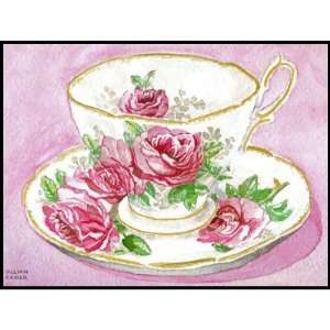  Postage Stamp   Pink Floral Rose Teacup Saucer Office 