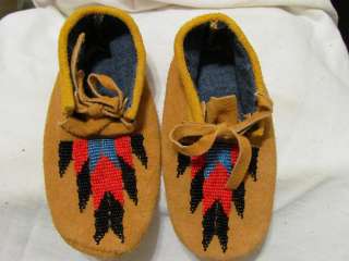 NATIVE AMERICAN BEADED HOME TANNED MOOSE MOCCASINS VAMP CHILDS 61/2 