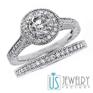   Round Diamond Engagement Ring Wedding Band Set Millgrain Edge  