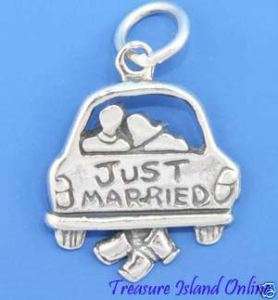 JUST MARRIED CAR TIN CANS WEDDING Sterling Silver Charm  