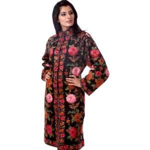  Black Long Kashmiri Jacket with Large Embroidered Flowers 