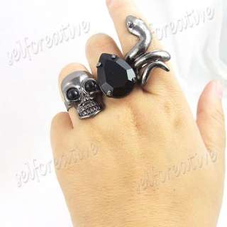 Skull Drop Stone Snake Three Triple Trio Finger Ring Adjustable Black 