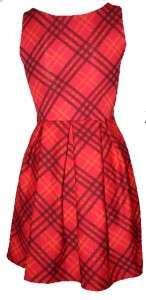 Women Red Rihanna Tartan Check Tailored Belted Skater Full Skirt Dress 