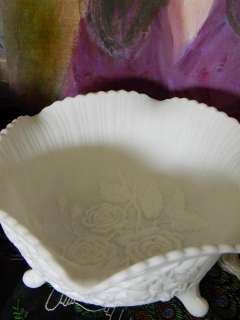 Vintage White Satin Embossed ROSES footed Bowl~Imperial  