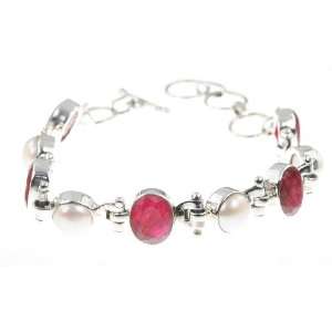   Sterling Silver Created RUBY, PEARL Bracelet, 7   8, 17.95g Jewelry