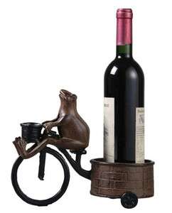 NEW Cast Iron Happy Frog on Bicycle Wine Bottle Holder  