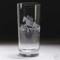 ETCHED horse ICED tea GLASSES glassware JUMPING 16 oz.  