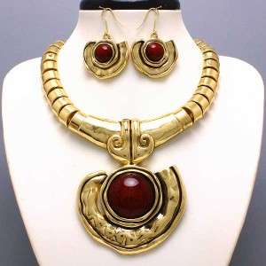Chunky Western Gold Tone Brown Accent Fashion Jewelry Art Necklace 