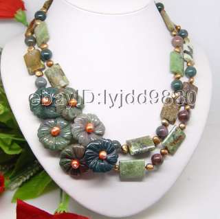 2rows pearls green Opal Agate flowers necklace  