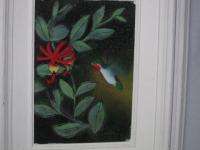 vintage ENAMEL on COPPER HUMMINGBIRD & FLOWERS framed PICTURE signed 