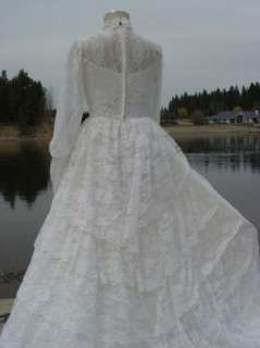 VINTAGE WOMENS WEDDING DRESS 50s TIERED LACE LONG GOWN CUT OUT BEADED 