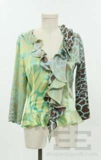 Just Cavalli Turquoise & Brown Print Silk Ruffle Trim Blouse Size 44 