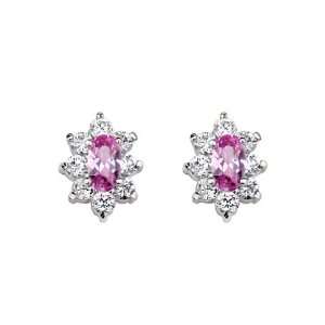925 Sterling Silver Rhodium Plated Light Red Flower CZ Stud Earrings 