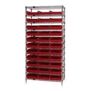   Chrome Wire Shelving With 33 4H Shelf Bins Red