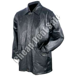 Mens Genuine Black Leather Plain Jacket Coat L Large Brass Snaps Fully 