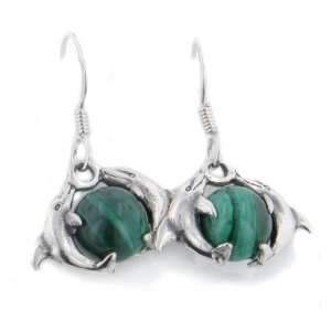   Dolphins on Green Malachite Sterling Silver Earrings Jewelry