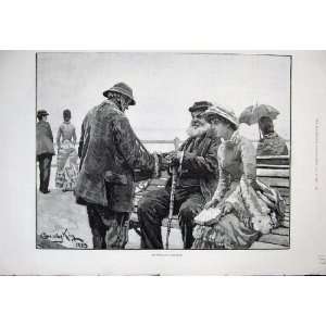 1884 Old Man Woman Sea Side Selling Bench King Fine Art  