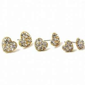  3 PAIR Goldtone Clear Crystal Heart Stud Earrings Fashion 