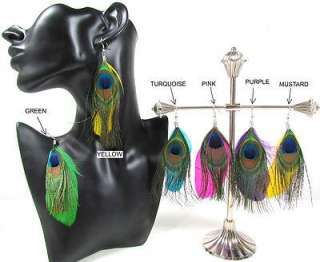   PAIR FEATHER DANGLE SUPER LONG DROP EARRINGS   Coloured Peacock  