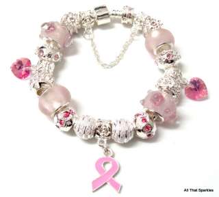 Breast Cancer Awareness Pink Ribbon Heart Bead Bracelet  