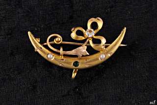   14K Gold Moon & Flower Pin/Brooch Genuine Pearls 1880 90s  
